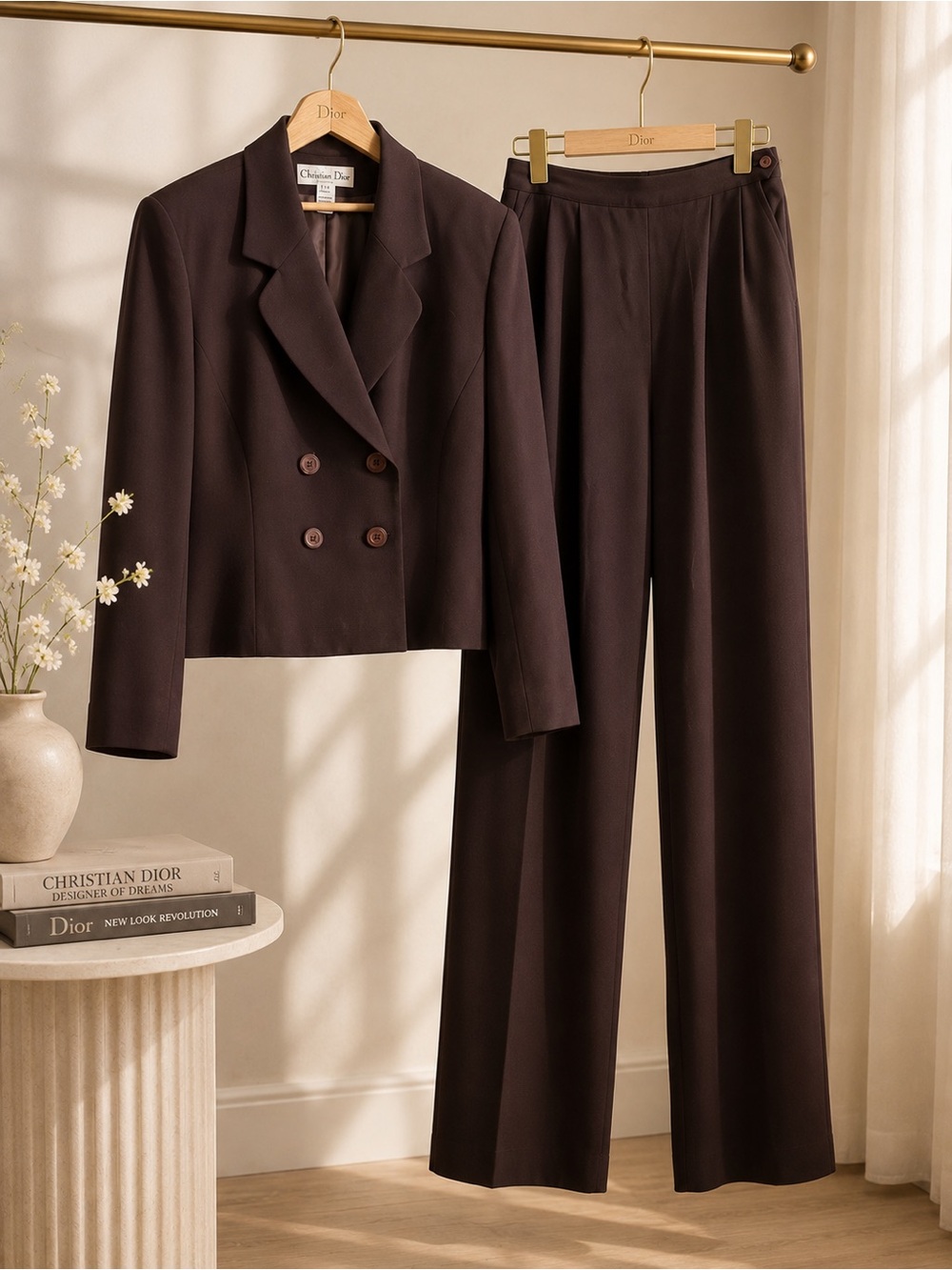 Vintage Christian Dior Brown 100% Worsted Wool Pant Suit Set Size 12